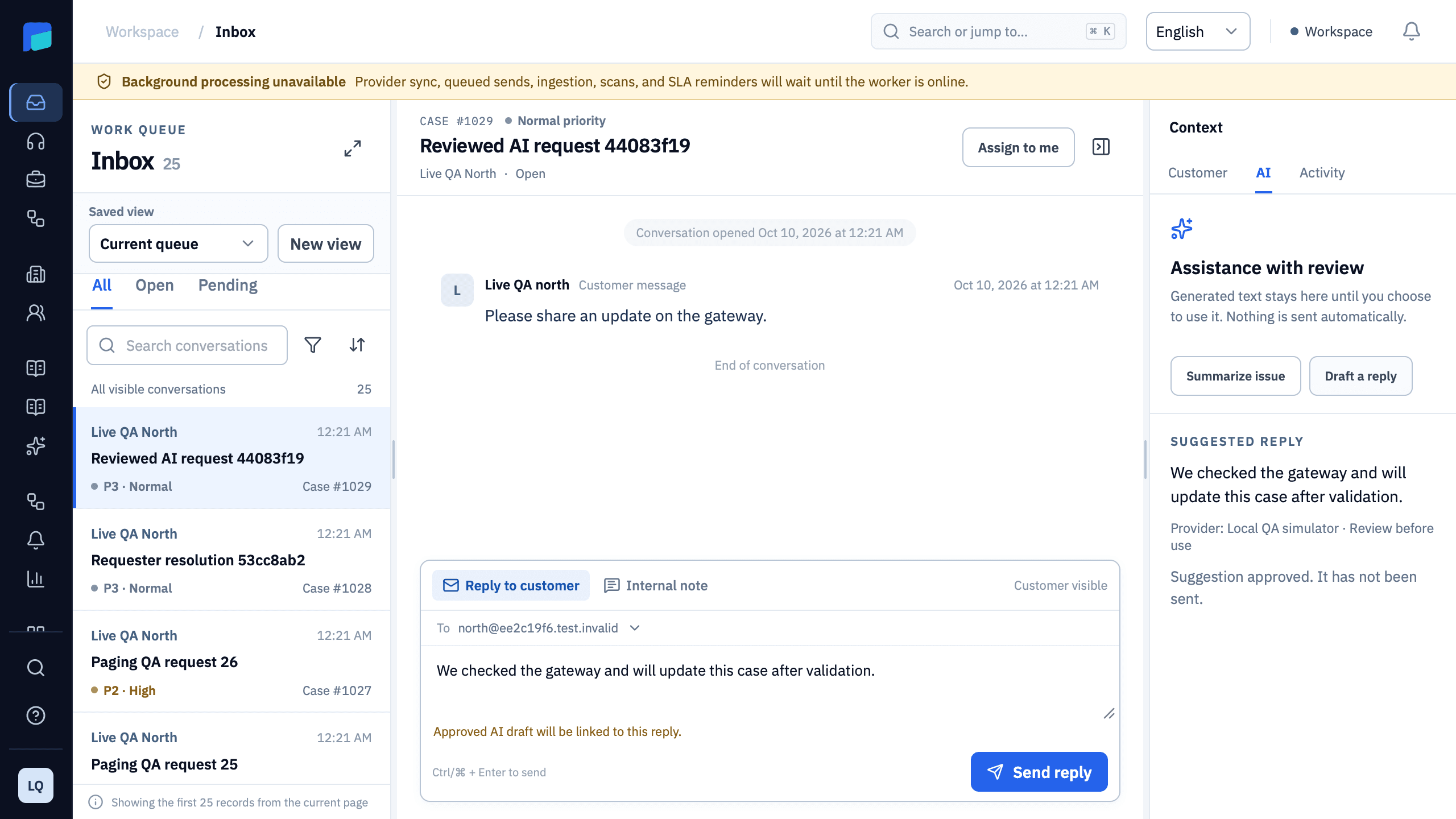 PrivDesk workspace showing an agent reviewing an AI suggestion before sending a customer reply